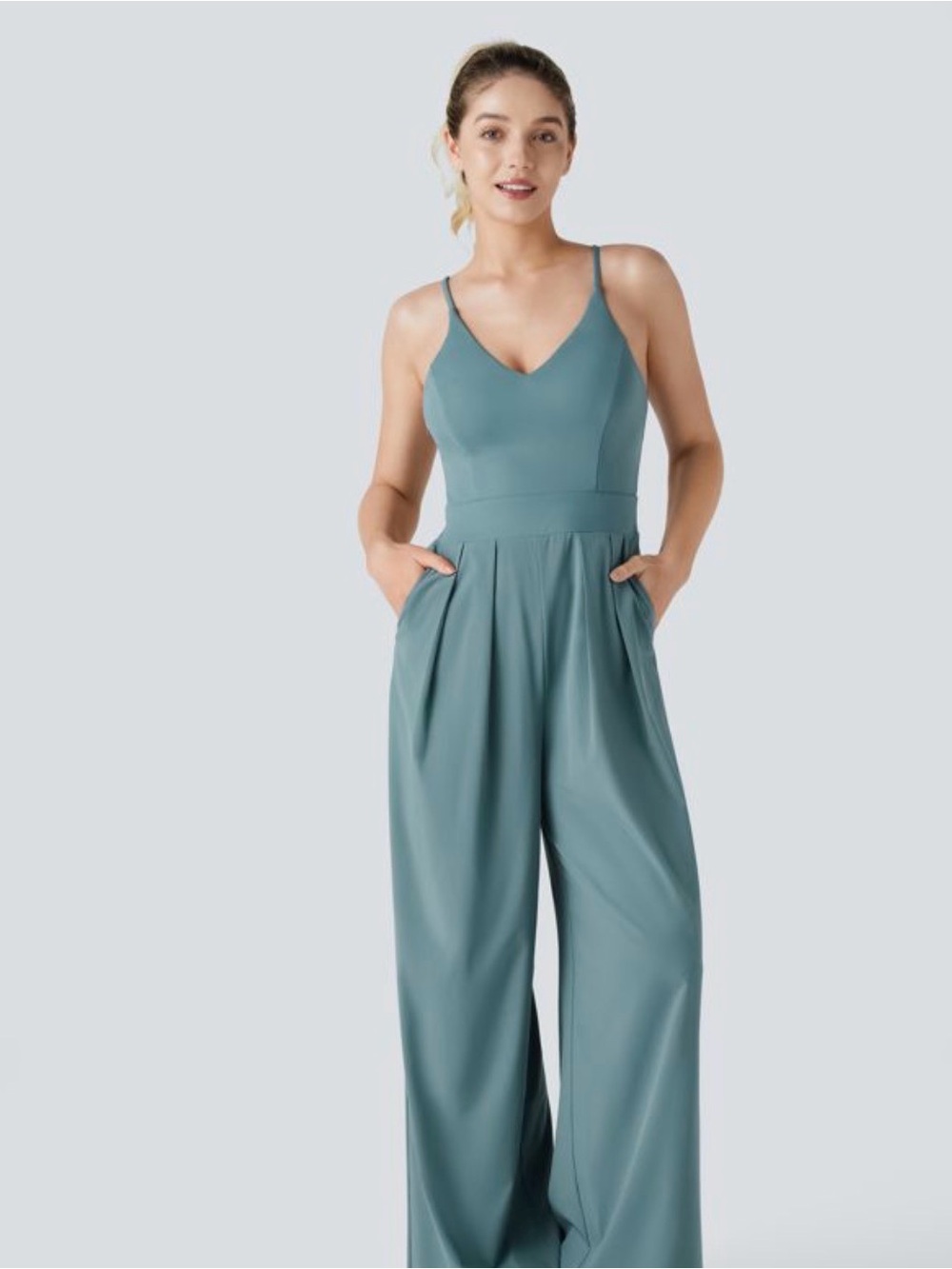 HALARA Teal V-Neck Wide-Leg Sleeveless Jumpsuit